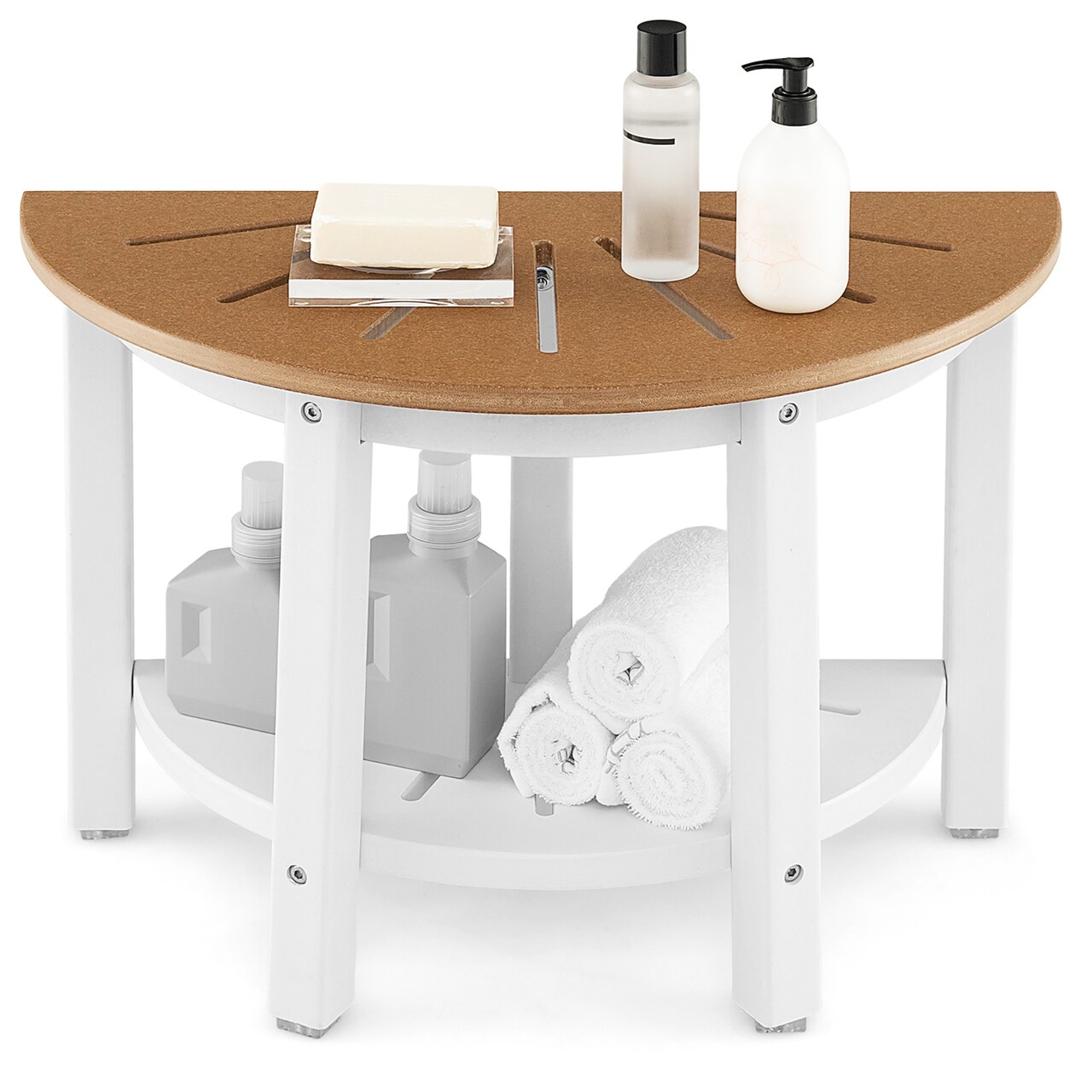 Costway Heavy Duty Waterproof HDPE Semicircular Shower Bench 2-Tier Bath Spa Bench Off White & Brown